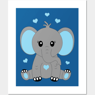 Cute baby elephant in blue Posters and Art